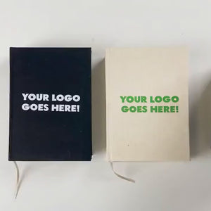 Black canvas notebook A5 with custom logo print, hands showing cover and print examples