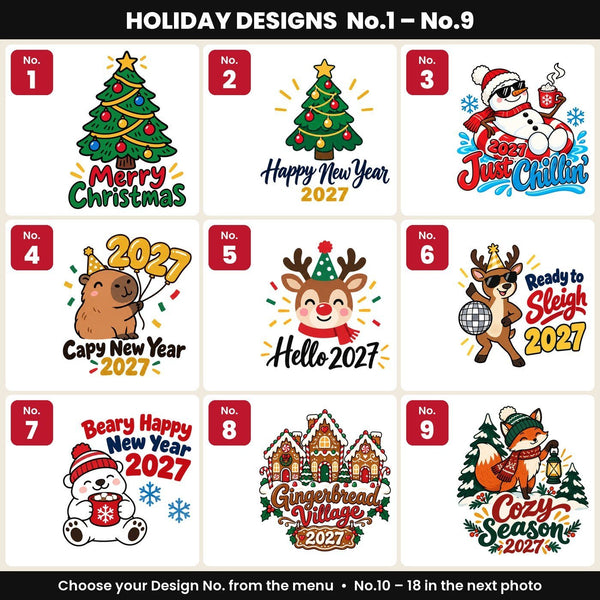 Motifs N° 1 à 9 du pochon rouge : Joyeux Noël, lutin, Maîtresse, Nounou, Secret Santa, raclette, vin chaud, toile de Jouy