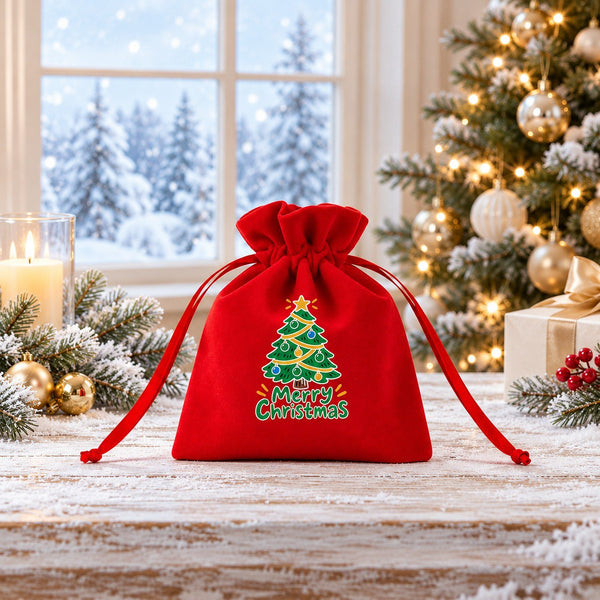 Pochette cadeau Noël en velours rouge, motif Vin chaud & marché de Noël, devant une fenêtre enneigée