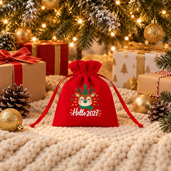 Pochette en velours rouge, motif En attendant Noël, bougie de l’Avent, sur un plaid tricoté sous le sapin