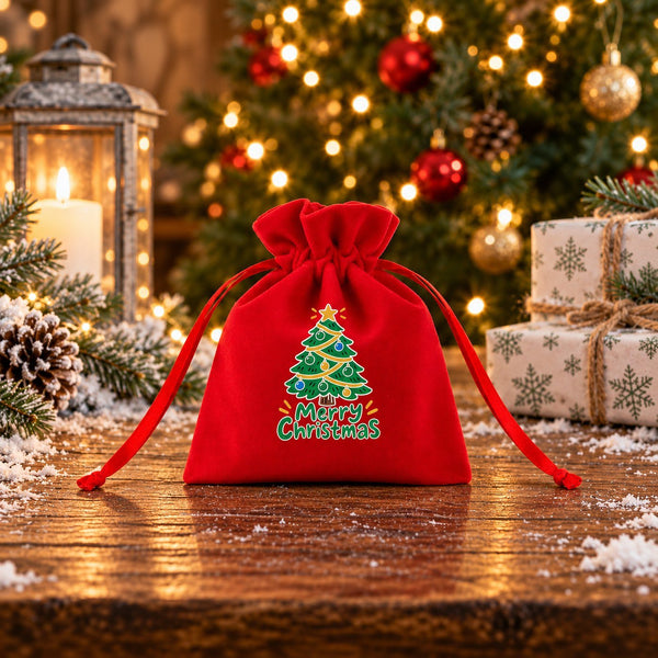 Pochette cadeau Noël en velours rouge, motif Noël à Paris tour Eiffel, sur une table rustique enneigée devant le sapin