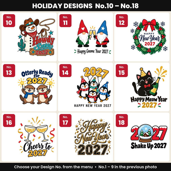Motifs N° 10 à 18 du pochon rouge : Joyeuses Fêtes, marché de Noël, Paris, Saint Nicolas, Avent, Bonne Année 2027, fève