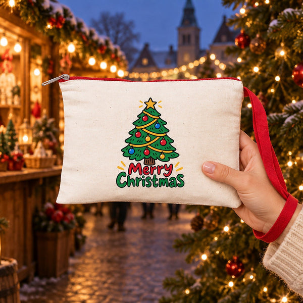 Pochette de Noël à dragonne – wristlet zippé 21 × 15 cm, 6 couleurs de zip, 9 motifs Noël & Nouvel An 2027 – coton gabardine - Pamusan.fr