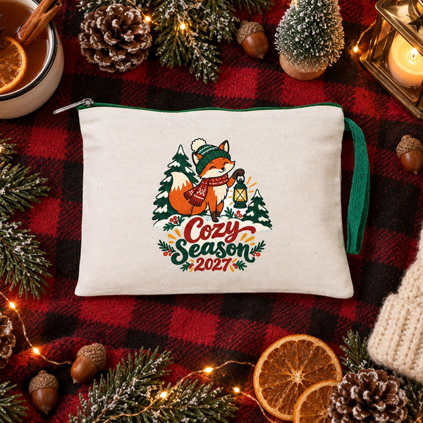 Pochette de Noël à dragonne – wristlet zippé 21 × 15 cm, 6 couleurs de zip, 9 motifs Noël & Nouvel An 2027 – coton gabardine - Pamusan.fr