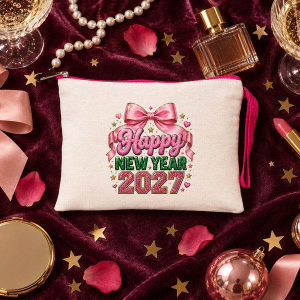 Pochette de Noël à dragonne – wristlet zippé 21 × 15 cm, 6 couleurs de zip, 9 motifs Noël & Nouvel An 2027 – coton gabardine - Pamusan.fr
