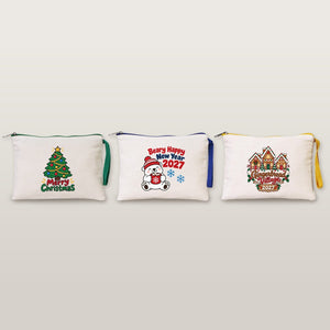 Pochette de Noël à dragonne – wristlet zippé 21 × 15 cm, 6 couleurs de zip, 9 motifs Noël & Nouvel An 2027 – coton gabardine - Pamusan.fr