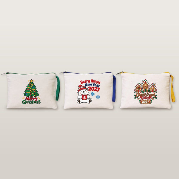 Pochette de Noël à dragonne – wristlet zippé 21 × 15 cm, 6 couleurs de zip, 9 motifs Noël & Nouvel An 2027 – coton gabardine - Pamusan.fr