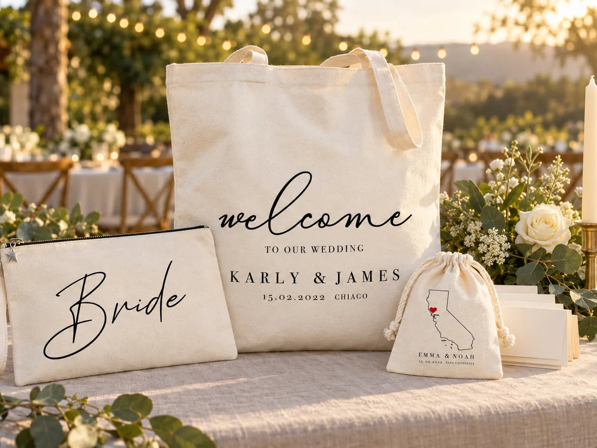Table d'accueil habillée de lin à l'heure dorée : sac d'accueil Karly & James debout, pochette zippée « Bride » devant, pochon à cordon Emma & Noah à carte de Californie, roses blanches, eucalyptus et bougie